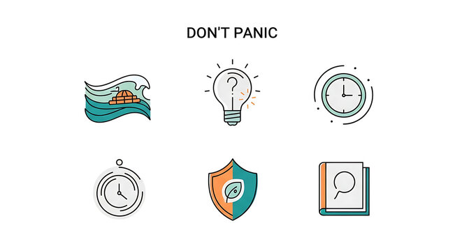 Set of six flat icons with finance, light bulb, clock, shield, and search symbols on a white background, including text 'DON'T PANIC'