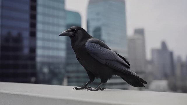 A lone crow stands perched on a ledge, silhouetted against a blurred urban cityscape with towering modern buildings