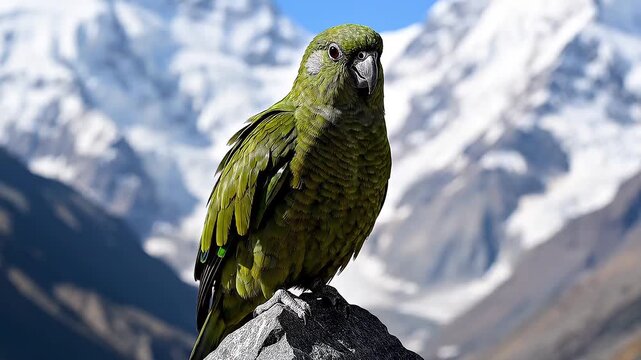 A solitary green parrot perched on a rock, with a majestic snow-capped mountain range in the background, evoking a sense of wildness and natural beauty