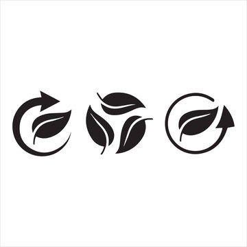 Green leaf and arrow icons for biodegradable recyclable organic bio labels package, recyclable and bio degradable package stamps, set recycle leaves label logo, leaf recycle, using recycled resources