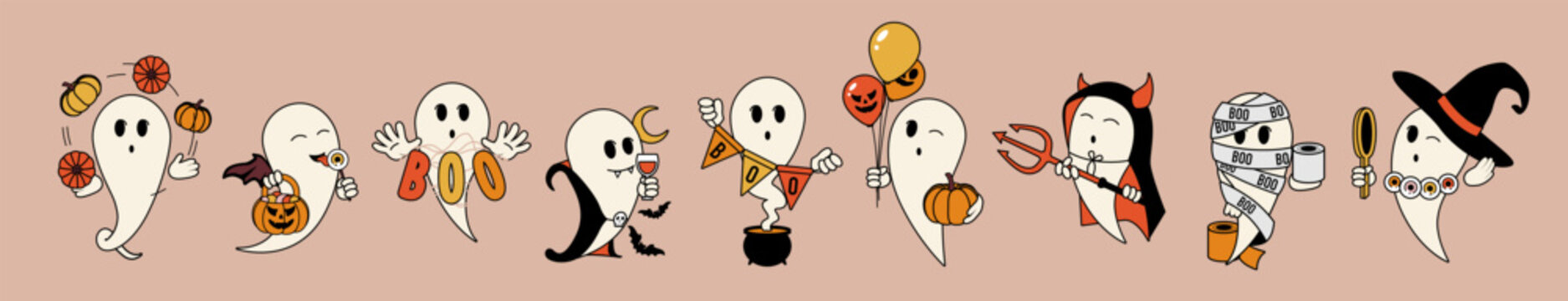 Set of cute ghosts in Halloween spooky costumes. Vector illustration