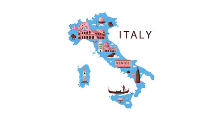 Fototapeta premium Map of Italy filled with famous landmarks and cultural icons, conveying tourism and travel, with landmarks like the Colosseum and gondola