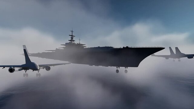 A powerful aircraft carrier and its accompanying military jets cutting through an overcast sky, representing a formidable display of national defense and naval air superiority