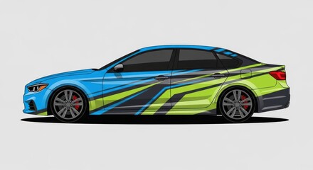Fototapeta premium Modern blue and green vinyl wrap design on sedan side
