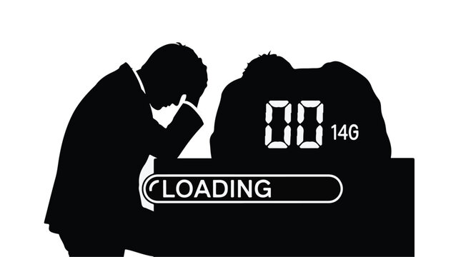 man waiting for slow internet loading on laptop