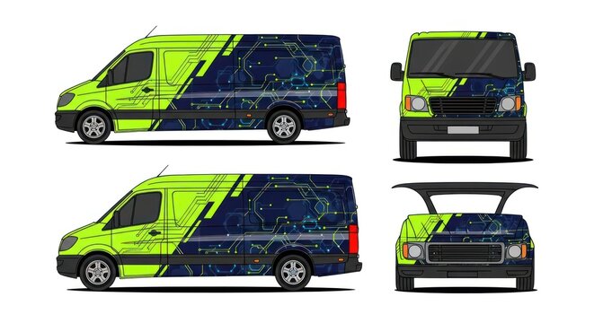 Modern cargo van wrap design with circuit board pattern