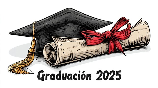 Black cap rests beside rolled parchment tied with red ribbon. Text below reads "Graduacion 2025" in bold, clear font. Symbolizes academic achievement and new beginnings
