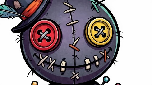 Cartoon Voodoo Doll, stitched with buttons, hat, feather, and thread on white background