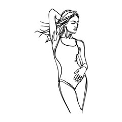 Logotipo vacaciones de verano. Dibujo con líneas de una mujer de pie con bikini, posando con una mano en la cabeza  © teracreonte