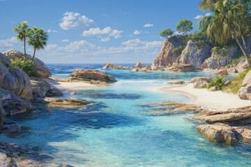 Obraz premium Scenic tropical bay with clear, turquoise water, rocky shore, lush vegetation, and blue sky