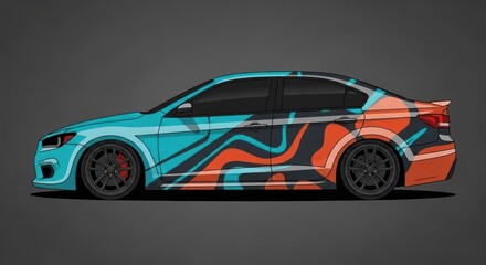Fototapeta premium Modern sedan with abstract colorful vinyl car wrap design
