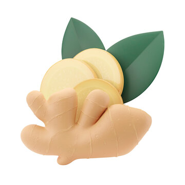 Ginger Root with Slices and Leaves