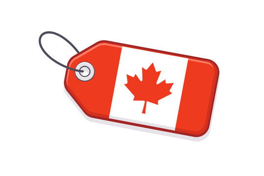 Canada flag price tag label vector illustration. Red and white Canadian national symbol with maple leaf on a shopping tag icon. Isolated flat design for commerce, export, and national identity.