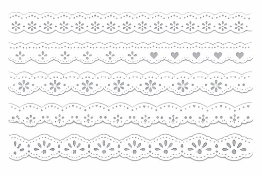 White Cotton Scalloped Eyelet Lace Ribbon Set, Hand Drawn Decorative Broderie Anglaise Fabric Borders, Ornamental Textile Trims for Fashion, Sewing, Scrapbooking and Vintage Craft Design Projects