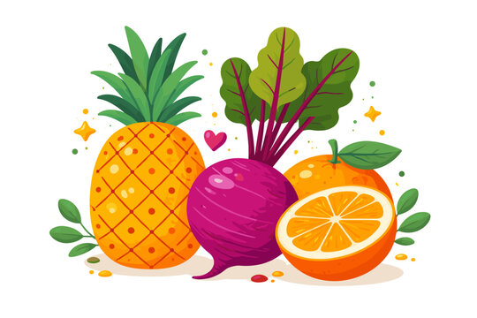 Colorful flat vector illustration of a fresh pineapple, a purple beetroot with green leaves, and juicy oranges with a half-cut slice, isolated on a white background for healthy food and juice design.