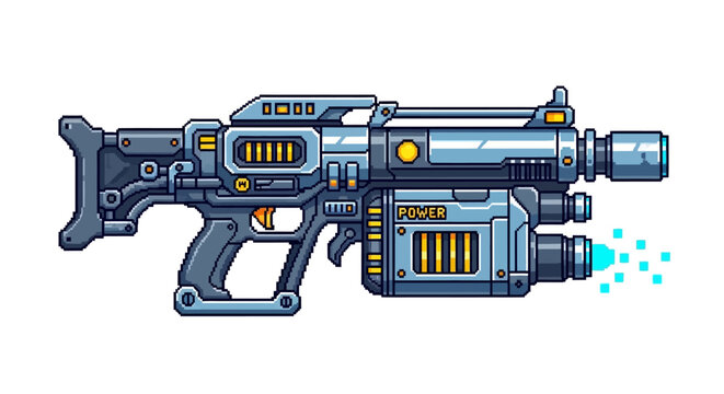 Futuristic Sci-Fi Pixel Art Laser Gun Weapon.