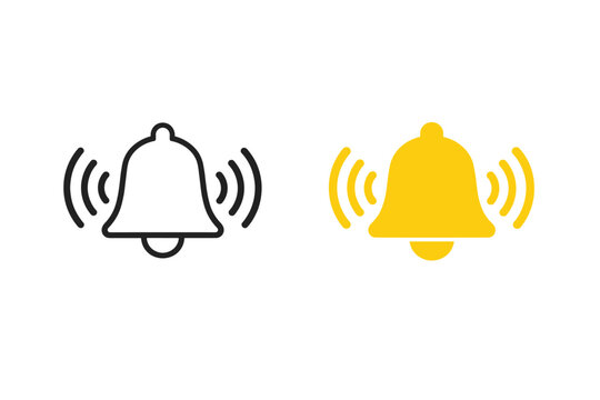Notification bell icon set with sound waves in black outline and solid yellow styles. Ringing alert and alarm symbols for mobile app interface, website notifications, and digital messaging.