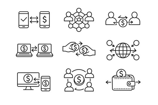 P2P Peer to Peer Transaction Outline Icon Set Featuring Digital Payment Methods, Decentralized Network Systems, Online Money Transfer, Mobile Banking, Global Currency Exchange, and E-wallet Icons
