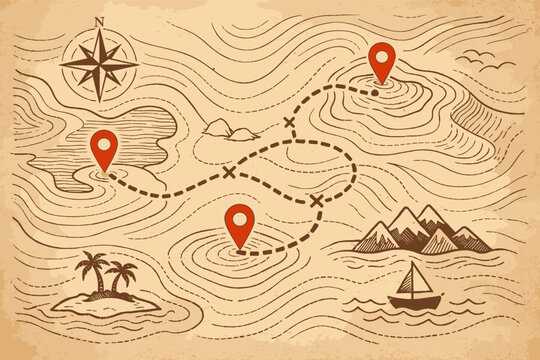 Vintage Topographic Map Illustration with Retro Navigation Pin Markers, Compass Rose, Hand-Drawn Mountains, Tropical Island, and Sailboat on Aged Parchment Background for Adventure Travel Theme.