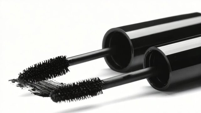 Two black mascara applicators, brushes loaded with black pigment, with one applicator near the tube