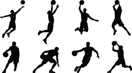 Basketball player silhouettes showing dribbling, shooting, dunking, jumping, and athletic motion for dynamic sport action vector illustration design © Arif Creatives