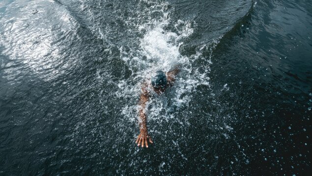 Aerial view of a swimmer in open water, creating a wake with splashes and motion