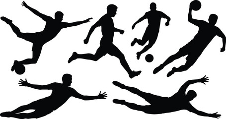 Soccer and basketball player silhouettes in dynamic action poses, dribbling, kicking, dunking, goalkeeping, black vector sport illustration for SEO © Arif Creatives