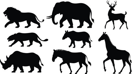 Fototapeta premium Wild animal silhouettes including lion, elephant, deer, tiger, tapir, rhinoceros, zebra, giraffe vector illustration isolated for design decoration