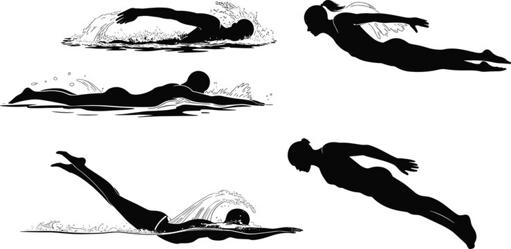 Swimming and diving silhouettes showing front crawl, breaststroke, butterfly stroke, and streamlined dive motion for aquatic sport vector illustration design