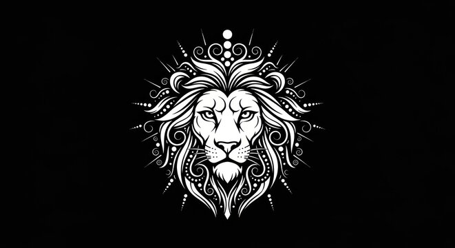 Ornamental white lion head illustration on black background