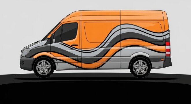 Orange commercial van with modern gray wave vinyl wrap