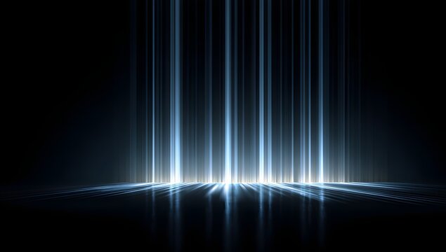 Captivating abstract image depicting vertical pillars of brilliant blue light emerging from dark reflective floor, creating ethereal and powerful scene.