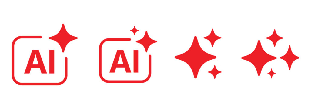 Set of generated AI icons. AI star symbol with a pointed and rounded tip. AI logotype. Artificial intelligence concept. Icon element for app and web. AI icon with shield protected. AI star icon. EPS10