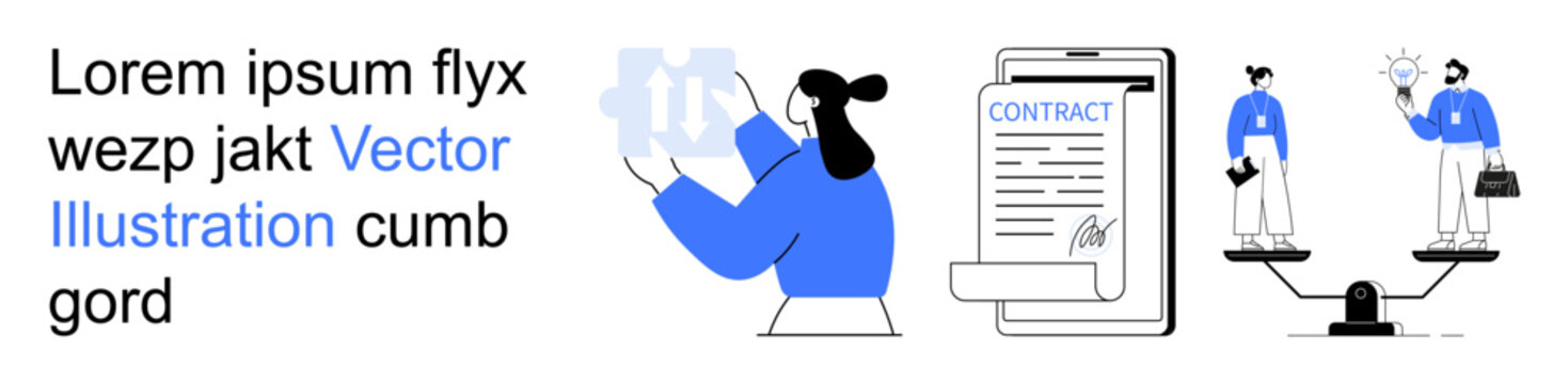 Business strategy, legal agreements, equality, career development, teamwork, decision-making. Woman holding gears, contract and weighing scale . Business strategy and legal agreements concept