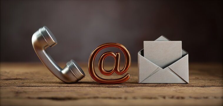 The telephone handset next to an at symbol and envelope on wooden surface