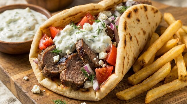 Delicious loaded Greek gyro wrapped in warm toasted pita bread overflowing with juicy grilled lamb, bright red tomatoes, and tzatziki sauce.