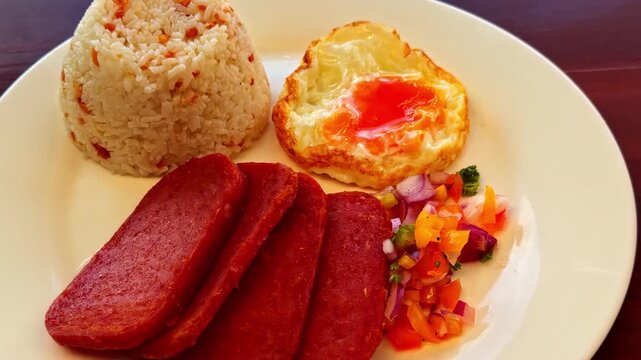 Filipino breakfast plate with tocino slices, garlic rice, and fried egg served on a white dish, El Nido, Philippines