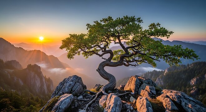 Bonsai tree on a rocky mountain cliff at sunset