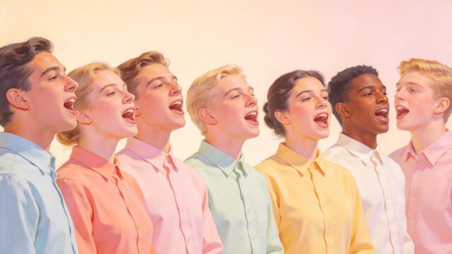 Group of people singing in colorful shirts