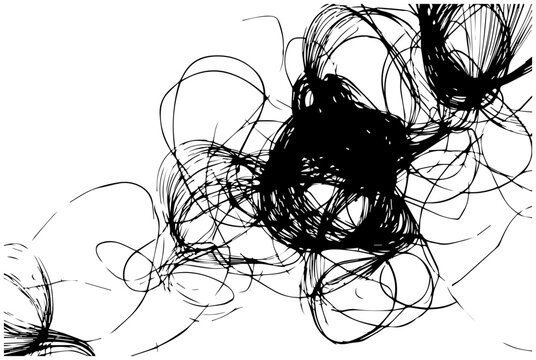 Abstract chaotic black ink scribbles and lines forming a dynamic energetic and tangled mass against a clean white background representing creative expression and artistic freedom