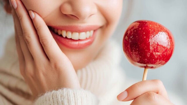 Dental health. Unrecognizable woman with beautiful smile holding a glossy red candy apple on a wooden stick. Slow motion.
