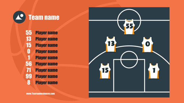 Basketball lineup vector template with team player jerseys on court, sport match formation and starting five strategy infographic isolated on orange background