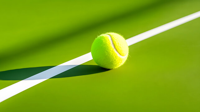 Tennis ball tennis court bounce green white line minimalist sport sunlight shadow Tennis ball mid bounce green tennis court near white line, minimalist sports background with bright sunlight