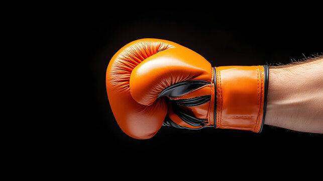Boxing glove orange fist punch hand combat sport close up black background Orange boxing glove clenched fist close up black background, combat sport strength training concept with dramatic