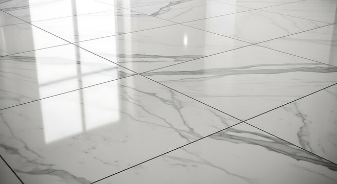 Closeup view of shiny white marble tiles with gray veins on floor with black grout lines and window reflections