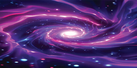 A vibrant abstract fractal background featuring a purple and blue spiral galaxy design with swirling light patterns, glowing stars, and motion energy textures in a circular space vortex wallpaper © Midul