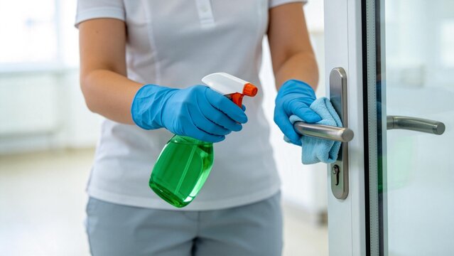 Person cleaning door handle with spray