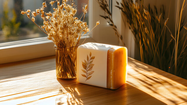 Handmade soap soap bar natural soap soap packaging studio shot paper wrap botanical label dried flower sunlight Rustic handmade soap bar paper wrap with botanical label beside dried flower bouquet