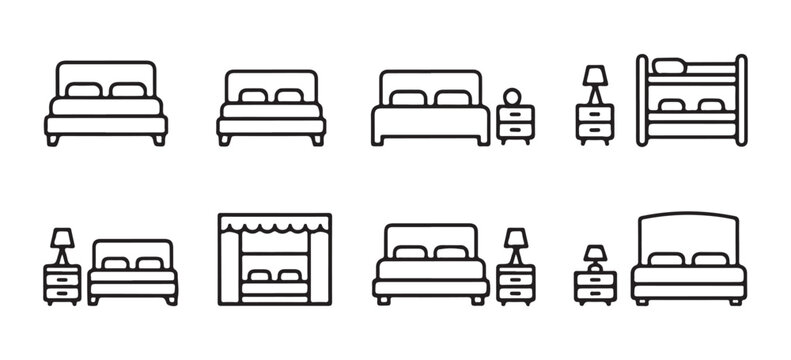 Bedroom furniture icons collection for interior design and home decor outline set.