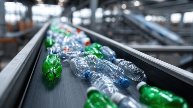 Plastic bottles moving on conveyor belt, sorting for recycling in industrial facility promoting circular economy